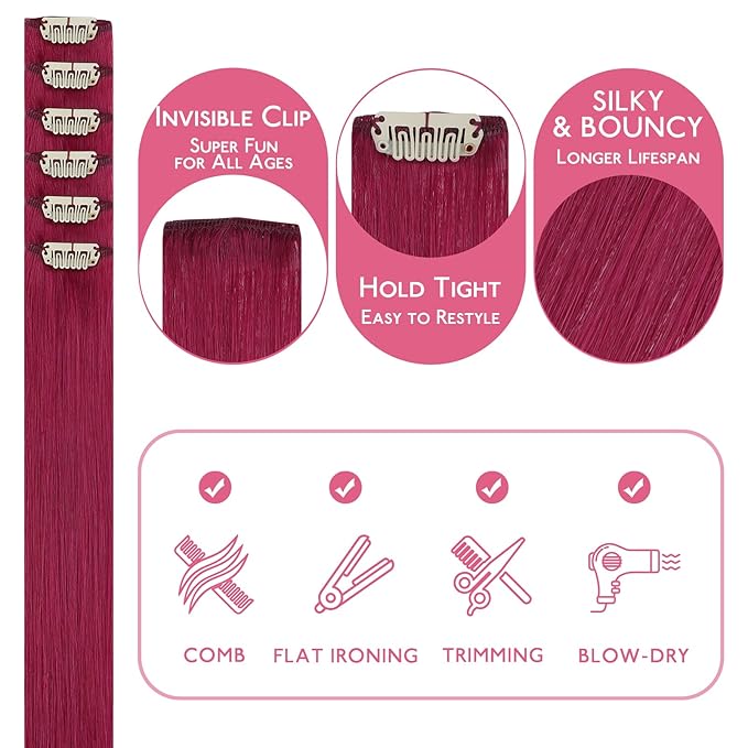 WENNALIFE Burgundy Red Clip in Hair Extensions Real Human Hair 35g 6pcs 14 Inch Colored Hair Extensions for Kids Women Colorful Hair Pieces Pop-up Style Straight Extensiones De Cabello Humano Con Clip