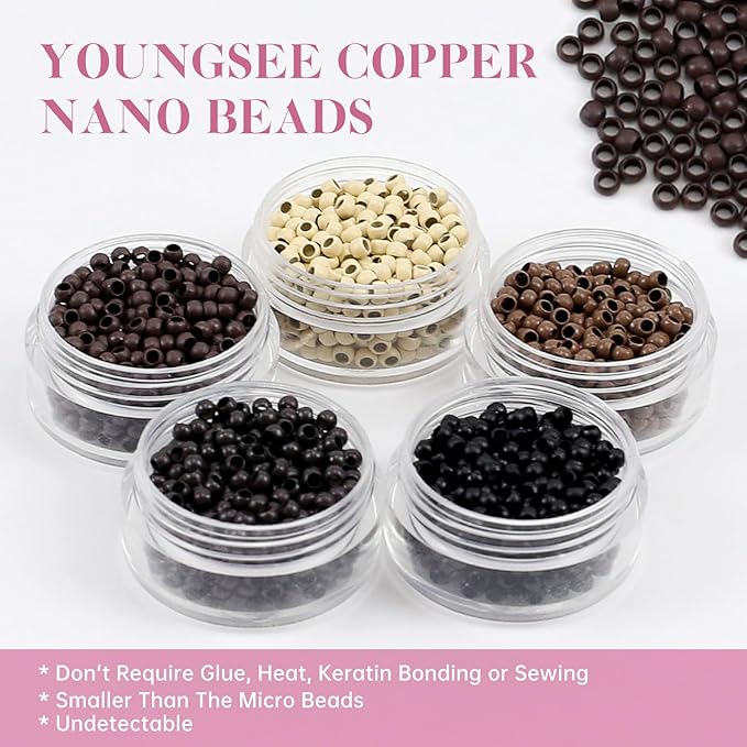 YoungSee Nano Ring Hair Extensions Highlight Nano Extensions Human Hair Light Brown Highlight Platinum Blonde Nano-Ring Extension Natural Looking Pre Bonded Human Hair 16in 50s 50g