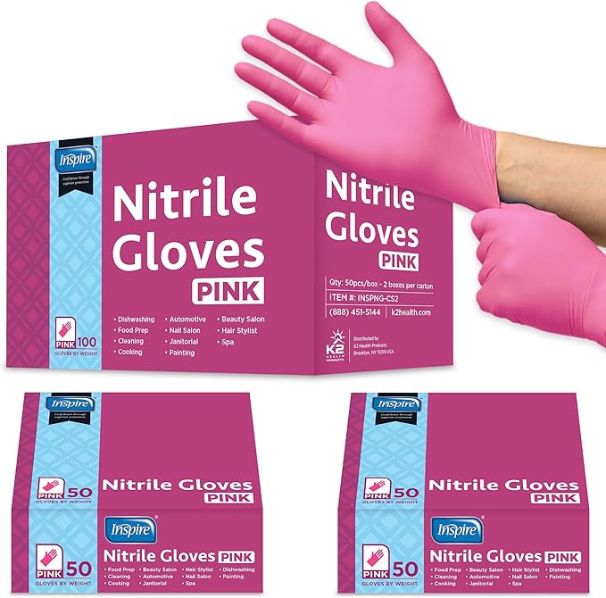 Inspire Pink Gloves Disposable Latex Free | Nitrile Pink Glove Hair and Nail Salon, Esthetician Nitrile Disposable Gloves