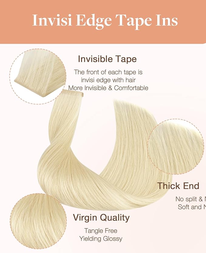 GOO GOO Invisi Edge Tape in Hair Extensions Human Hair, 613R Bleach Blonde, 20pcs 18inch 50g, Virgin Remy Hair, Seamless Injected Tape, Natural Look