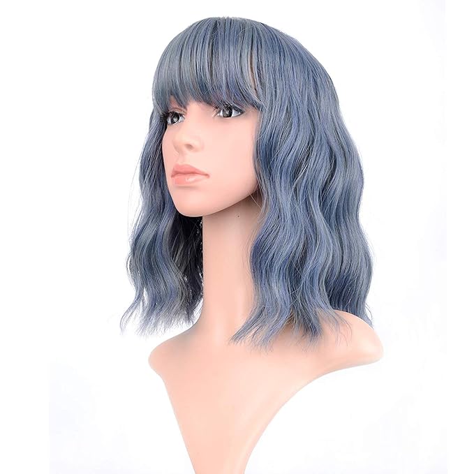 FAELBATY Blue Wigs With Air Bangs Shoulder Length Short Wave Wig For Women Curly Wavy Synthetic Cosplay Wig Blue Wig for Girl Halloween Costume Wigs (12" Dusky Blue Color)