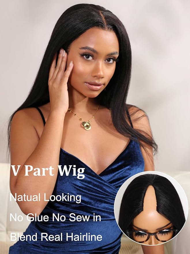 YIROO V Part Wig Yaki Straight Human Hair Wigs for Black Women Upgrade Upart Wig No Leave Out 12A Glueless Kinky Straight V Shape Clip in Half Wig No Glue No Sew Beginner Friendly 180% Density 16 Inch