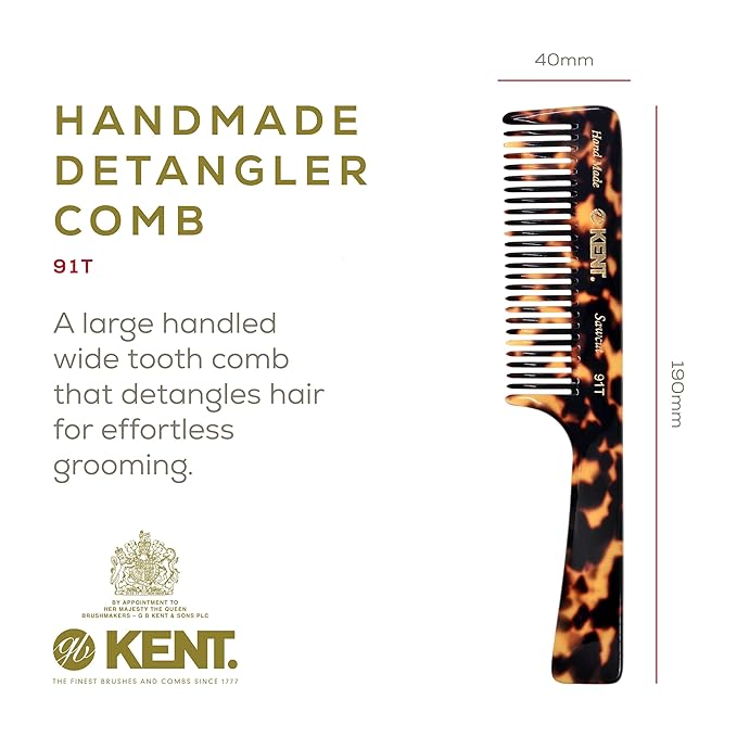 Kent 91T TY Wide Tooth Detangler Hair Comb for Women and Men - for Curly and Wavy Hair - and Wet Hair Comb, Large Handle Wide Tooth Shower Comb for Effective Detangling, Saw-Cut Handmade and Polished
