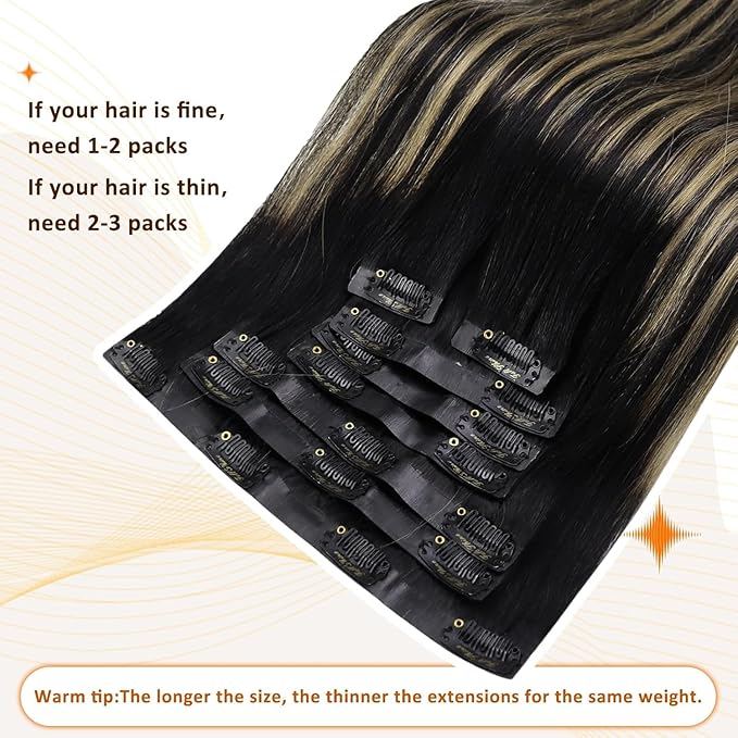 Full Shine Real Hair Clip in Extensions Balayage Seamless Clip ins Off Black to Black With Caramel Blonde Invisible Hair Extension Black Remy Natural Hair Longevity 120 Grams 18 Inch 8 Pcs