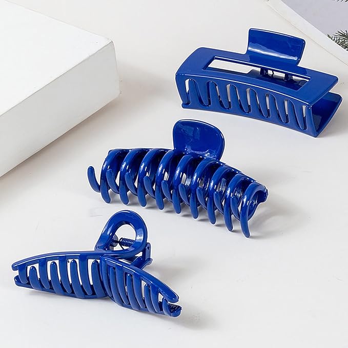 Blue Hair Claw Clips for Thick/Fine/Thin Hair,Strong holding Grip Clip Women Large Jaw Clips for Hair 3 Count In set Hair Accessories (Blue hair clips)