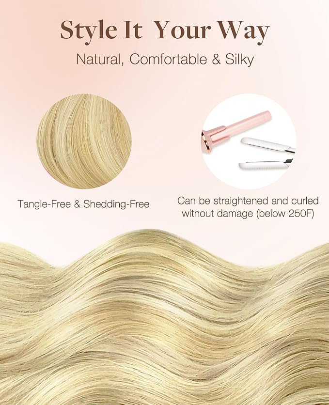 GOO GOO Invisi Edge Tape in Hair Extensions Human Hair, 18AT60A Pearl Ash Blonde Highlights 20pcs 24inch 50g, Virgin Remy Hair, Seamless Injected Tape, Natural Look