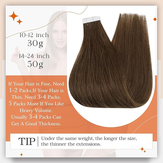 Full Shine 16 Inch Tape In Human Hair Extensions Medium Brown Color 4 Invisible Tape in Hair Extensions Human Hair Double Side 50 Gram Seamless Skin Weft Straight Hair Add Volume Soft Hair 20Pcs