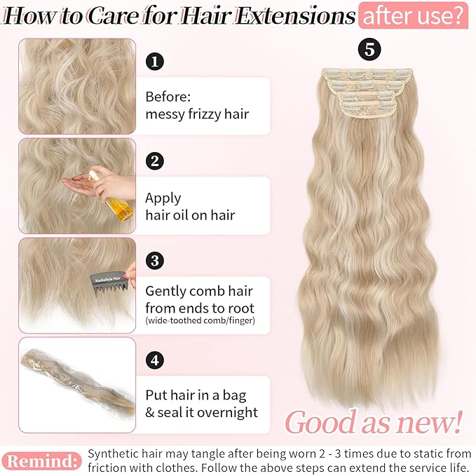 KooKaStyle Clip in Long Wavy Synthetic Hair Extension 24 Inch Pearl Blonde 4PCS Thick Hairpieces Fiber Double Weft Hair for Women