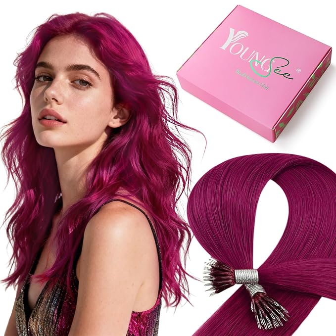 YoungSee Nano Ring Hair Extensions Human Hair Magenta Nano Bead Human Hair Extensions Burgundy Nano-Rings Hair Extension Red Nano-Tip Hair Extension for Women 25s 25g 14in