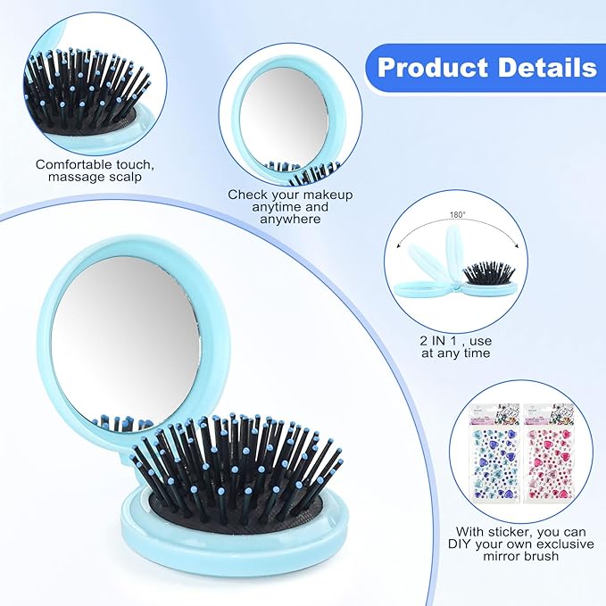 4 Colors Folding Mirror Hairbrush, 2 in 1 Compact Pocket Mirror Comb with DIY Stickers, Round Mini Pocket Makeup Mirror for Travel Women Girls (4 Pcs)