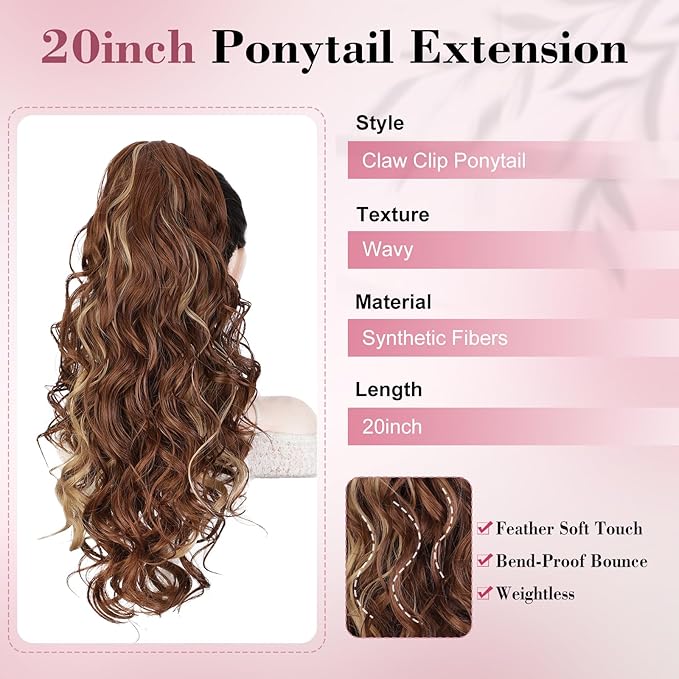 QGZ 20" Wavy Ponytail Extension, Claw Clip Ponytail Hair Extension, Natural Synthetic Hairpiece for Women Daily Use(Light Brown Mixed Blonde)
