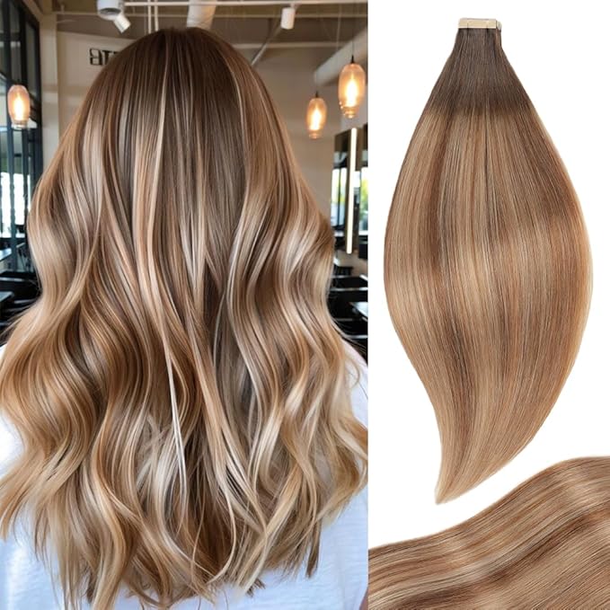 Human Hair Tape in Extensions, Chestnut Brown to Light Brown Mixed Light Blonde Hair Extensions Real Human Hair 22 Inch 20pcs Remy Straight Tape ins Invisible Tape in Hair (2/6/18K#,22 Inch)
