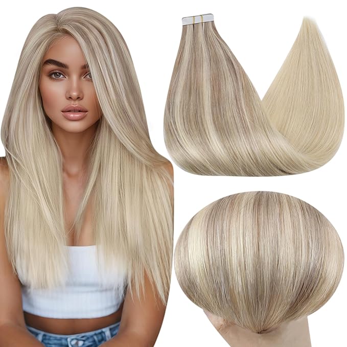 Full Shine Tape in Hair Extensions Human Hair 14 Inch Blonde Tape in Extensions 50G 20Pcs Color 18/22/60 Ash Blonde to Blonde Seamless Tape ins Human Hair Extensions Soft Remy Skin Weft Adhesive