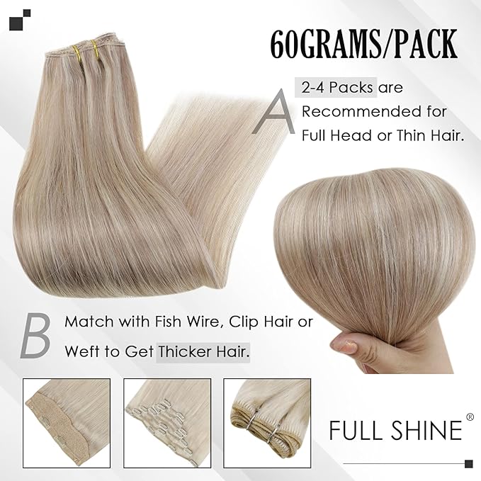 Full Shine Ash Blonde Hair Extensions 3 Pcs 60 G Highlight Ash Blonde Human Hair Clip in Extensions 12 Inch Clip in Human Hair Extensions for Highlights