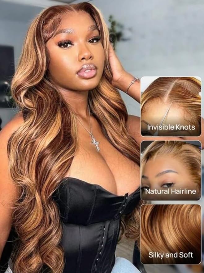 KLAIYI Wear And Go Glueless Wig Bye Bye Knots 13x4 Precut Lace Front Wigs Human Hair Ombre Highlight Blonde Body Wave Wig Pre Bleached Pre Everything Pre Plucked with Baby Hair 3S Ready to Wear 24Inch