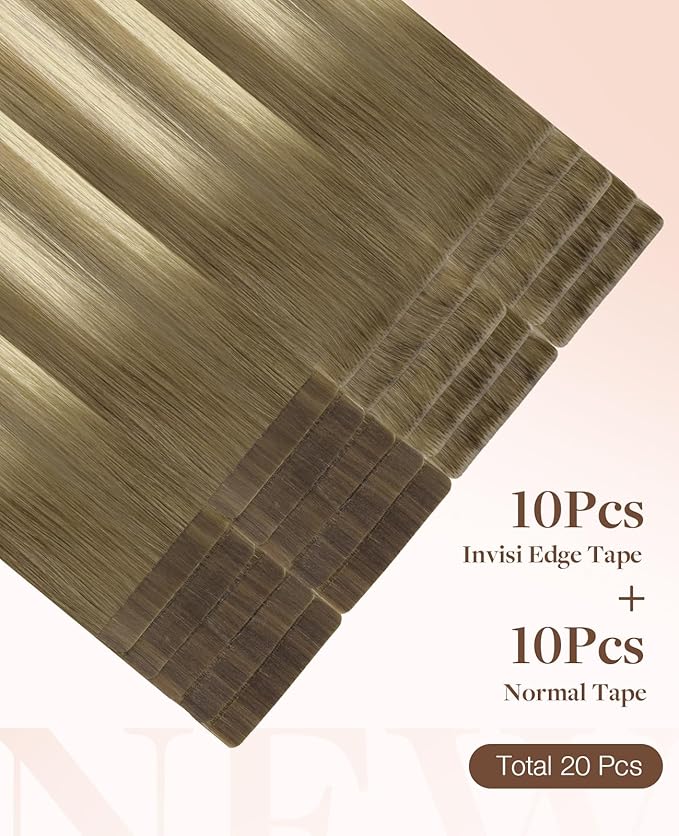 GOO GOO Invisi Edge Tape in Hair Extensions Human Hair, 9/60 Balayage Ash Brown to Platinum Blonde 10pcs injected with 10pcs classical tape ins, 24inch 50g, Virgin Remy Hair, Natural Look