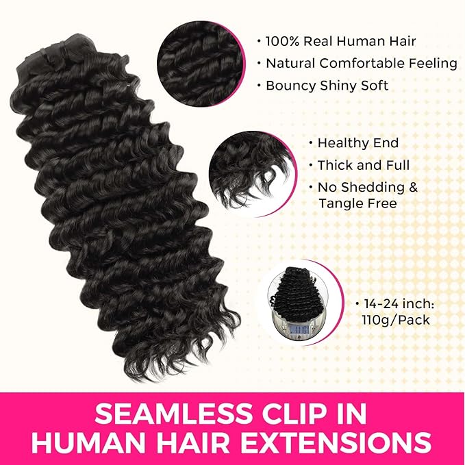 Lashey Clip in Hair Extensions 110g 7pcs Deep Wave Seamless Clip in Hair Extensions Human Hair 18 Inch Natual Black Thick Human Hair Clip ins Extensions for Women