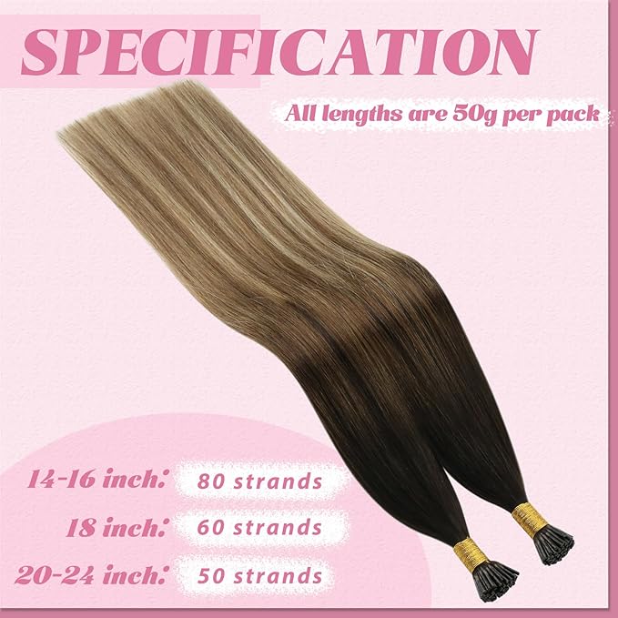 YoungSee Itip Hair Extensions Brown Balayage 24 Inch Keratin Itip Human Hair Extensions Ombre Dark Brown to Medium Brown with Blonde Itip Extensions Long Straight Hair 50g 50s