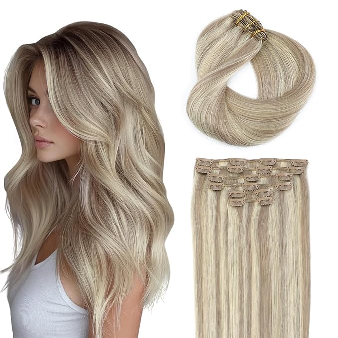 SURNEL Blonde Clip in Extensions 18 inch Ash Blonde Highlights Bleach Blonde Clip in Hair Extensions 120g 6pcs(#18/613,18")