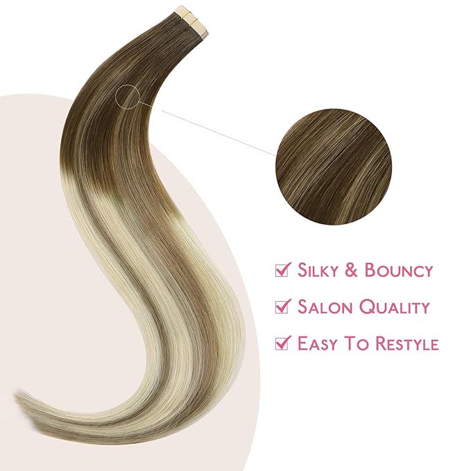 WENNALIFE Tape in Hair Extensions Human Hair Ombre Walnut Brown to Ash Brown and Bleach Blonde Tape in Extensions, 10pcs 30g 22 inch Remy Invisible Tape Ins Straight Real Human Hair Tape in Extensions