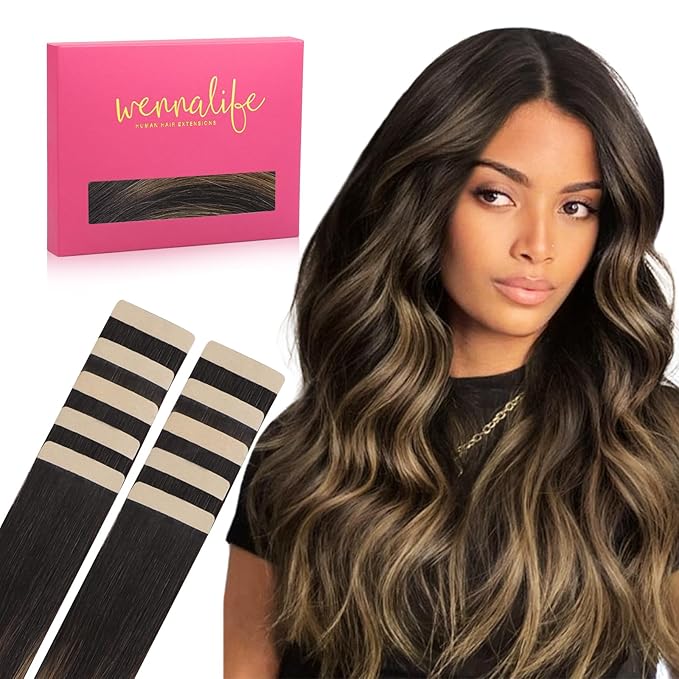 WENNALIFE Tape in Hair Extensions Human Hair Balayage Dark Brown Mixed Chestnut Brown Tape in Extensions, 10pcs 25g 18 inch Remy Invisible Tape Ins Straight Soft Real Human Hair Tape in Extensions