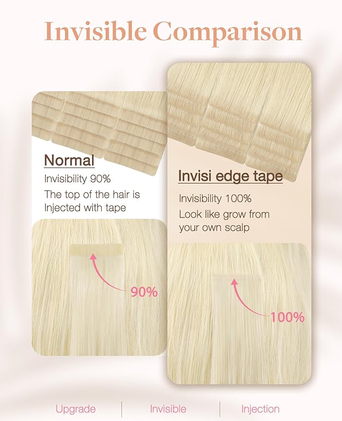 GOO GOO Invisi Edge Tape in Hair Extensions Human Hair, 613R Bleach Blonde, 20pcs 24inch 50g, Virgin Remy Hair, Seamless Injected Tape, Natural Look
