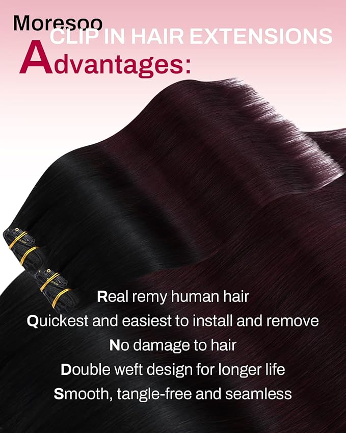 Moresoo Red Wine Clip in Hair Extensions Human Hair Balayage Natural Black to Dark Red Hair Extensions Clip ins Short Ombre Black to Burgundy Double Weft 80g/5pcs 14 inch
