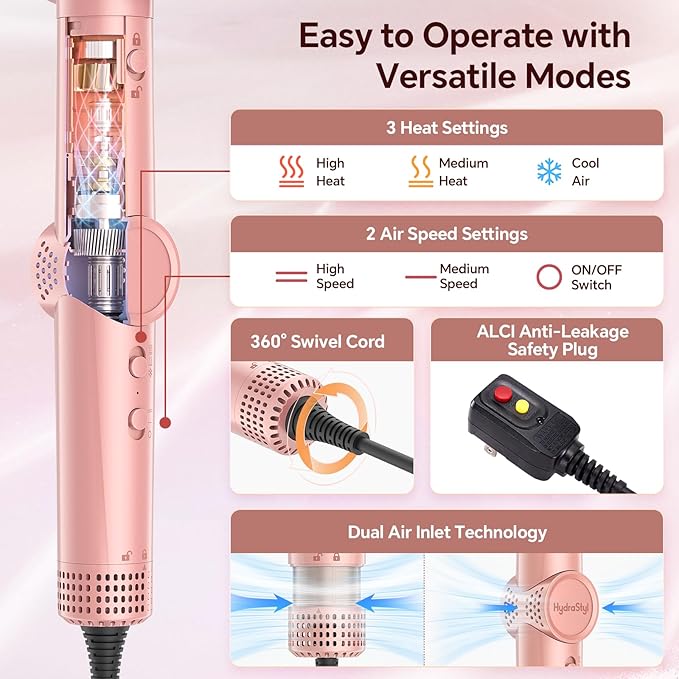 5 in 1 Hot Air Styler, 1300W 110000 RPM High-Speed Hair Dryer Brush with Auto-Wrap Curlers, Frizz-Free Volumizing Straightening Curling for All Hair Types, No Heat Damage, Travel Bag