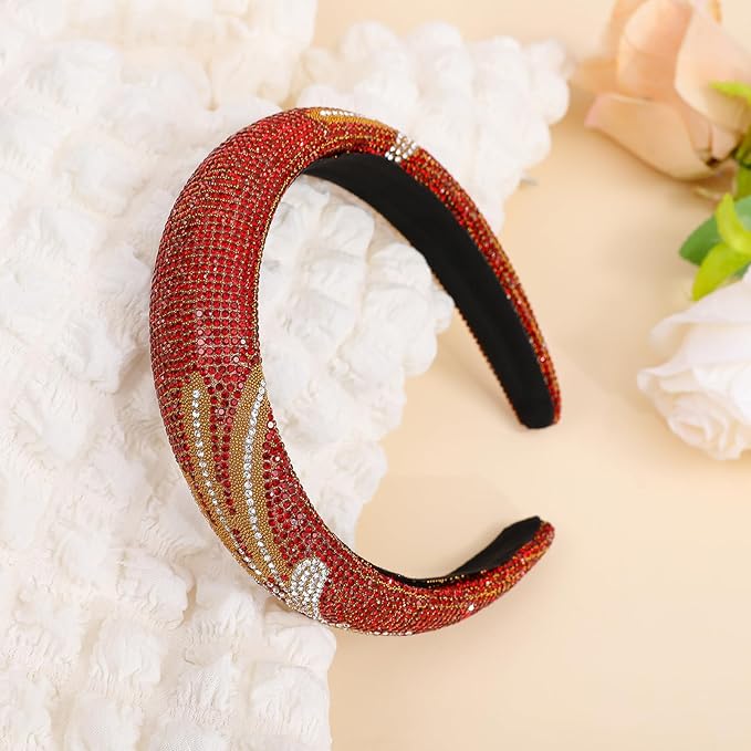 Fashion Wide Headband for Women Sparkle Red Rhinestone Headbands Dressy Glitter Headband Comfortable High Elastic Head Band Hairband Hair Hoop Hair Accessories for Women