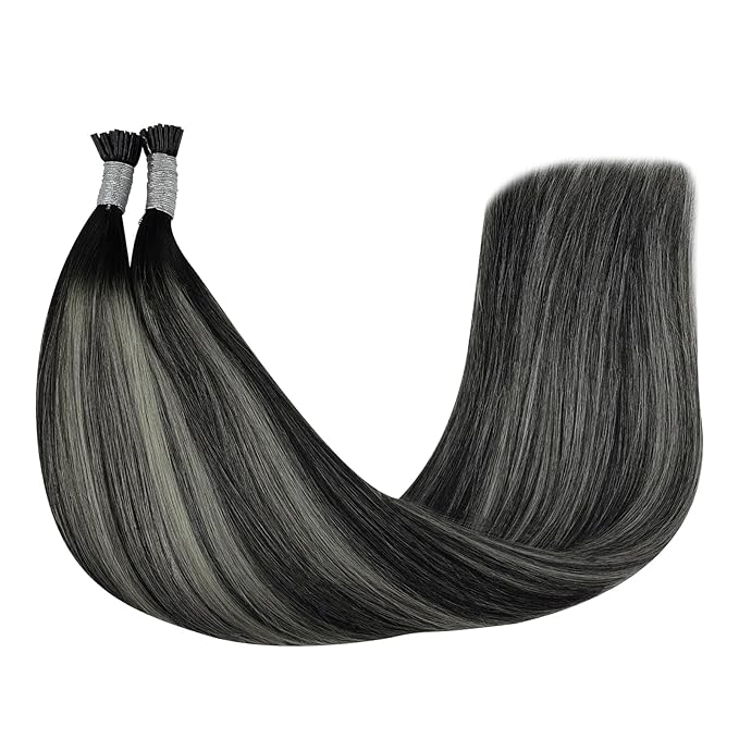 YoungSee Itip Hair Extensions Real Human Hair Ombre 14 Inch I Tip Hair Extensions Balayage Black Itip Human Hair Extension Black Ombre Silver I Tips Extension 50g 80s Itips Extension for Short Hair