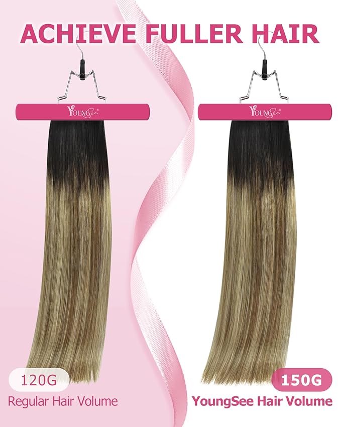 YoungSee Brown Ombre Hair Extensions Clip ins Balayage Human Hair Clip in Extensions Dark Brown Roots Medium Brown Mix Blonde Balayage Clips in Human Hair Extensions for Woman 14inch 120g
