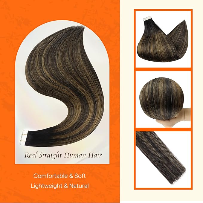 Full Shine Hair Extensions Tape in 12 Inch Color 1B Off Black Ombre 6 Brown Highlight 1B Black Balayage Natural Invisible Double Sided Remy Tape in Extensions Human Hair 30 Grams 20 PCS for Women