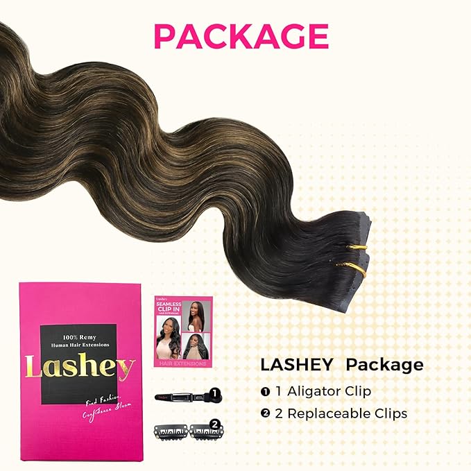 Lashey Seamless Clip in Hair Extensions Human Hair 130g 9pcs 18 Inch Body Wave Natural Black Mixed Chestnut Brown Clip in Hair Extensions for Women