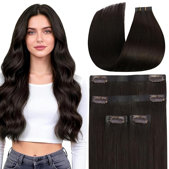 Full Shine Seamless Clip in Hair Extensions Real Human Hair, Color 2 Brown Thinning Hair Fill in Extensions, PU Weft Remy Hair Extensions Clip ins for Women, Dark Brown 4Pcs16Inch 65g