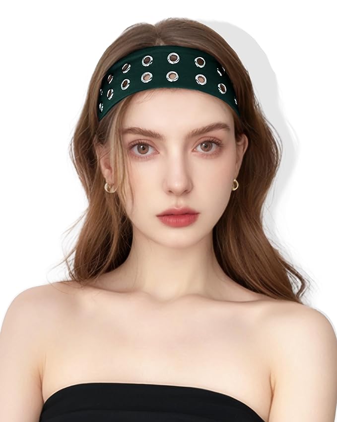 Grommet Headband for Women, Green 23cm Hollow Out Elastic Hair Band, Eyelets Punk Grunge Stylish Hairband