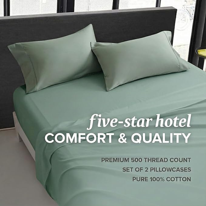 Beckham Hotel Collection 100% Cotton Pillow Cases Standard/Queen Size Set of 2, 500TC, Luxury Sateen Pillowcases, Open End, Breathable, Moisture-Wicking, Aqua Gray
