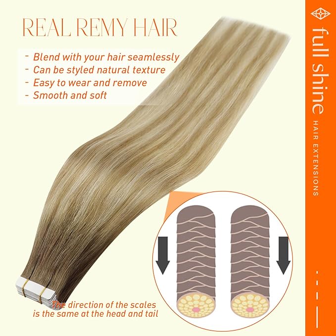 Full Shine Tape in Hair Extensions Color 6 Brown Ombre 27 and 60 Platinum Blonde Tape in Hair Extensions Human Hair Invisible Straight 14 Inch Seamless Remy Skin Weft for Party 20Pcs 50G Add Volume