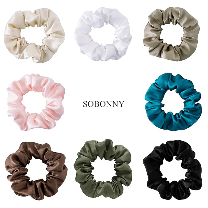 Silk Scrunchies for Women - 100% Mulberry Silk Hair Ties, 3 Pack, No Damage Elastic Ponytail Holders (Brown, Black, Pink)