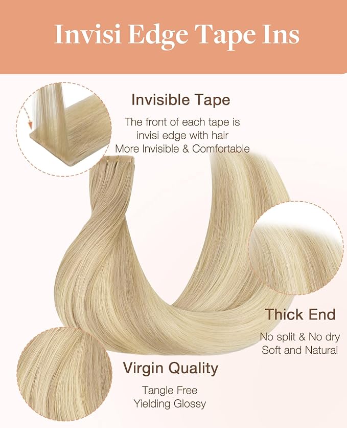 GOO GOO Invisi Edge Tape in Hair Extensions Human Hair, 18ET90A Natural Blonde Balayage, 10pcs 20inch 30g, Virgin Remy Hair, Seamless Injected Tape, Natural Look