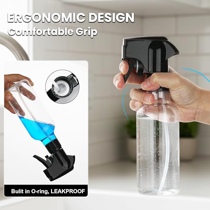 Plastic Spray Bottles 12oz Mist Continuous Spraying Bottle Heavy Duty Empty Water Spray Bottles for Hair, Cleaning Solutions, Plants，Essential Oils 1 Pack (Clear-1pcs)