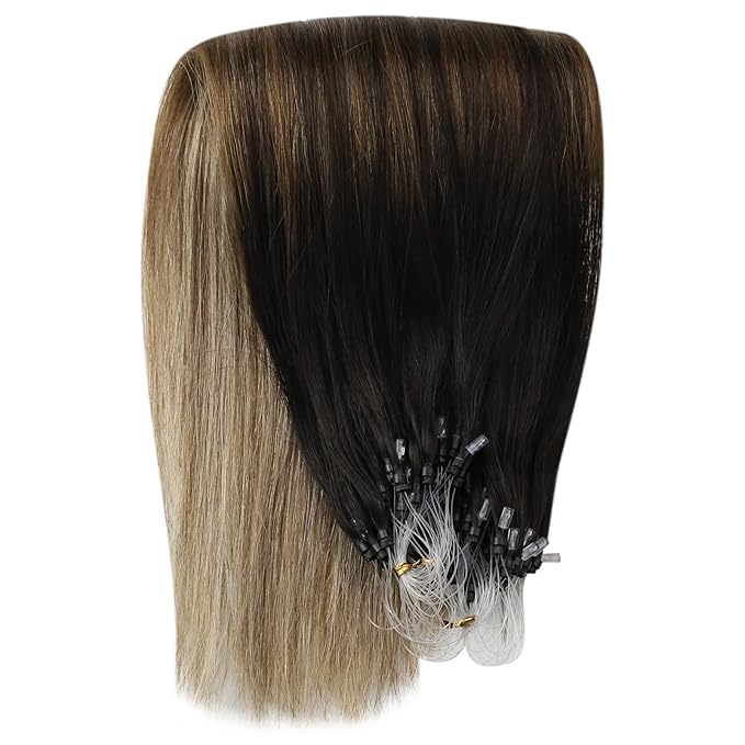 YoungSee Micro Loop Hair Extensions Real Human Hair Balayage 16In Micro Bead Hair Extensions Human Hair Dark Brown Ombre Blonde with Browns Beaded Hair Extension Soft and Silky for Prom 50g 50s