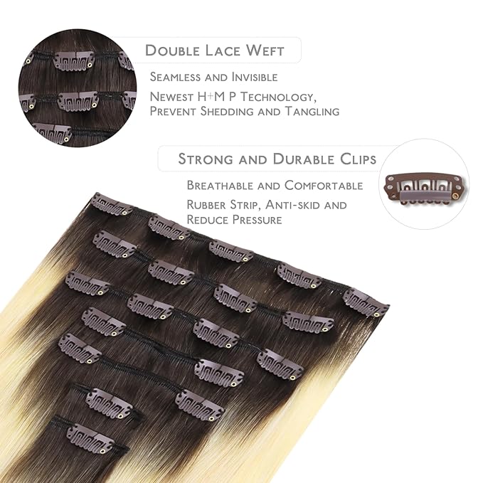 WENNALIFE Clip in Hair Extensions, 24 Inch 120g 7pcs Clip in Hair Extensions Real Human Hair, Ombre Light Dark Brown to Platinum Blonde Human Hair Remy Hair