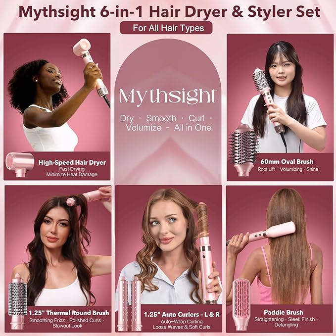 StyleVibe 6-in-1 Air Styler, Hair Dryer & Blow Dryer Brush with Travel Case - Auto Wrap Curls (L/R), Fast Drying, Thermal Round Brush for Smooth Blowouts & Frizz-Free Volume, No Heat Damage