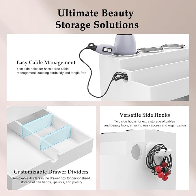 Hair Tool Organizer, Wood Hair Dryer Holder with Drawer & 3 Stainless Steel Cups, Versatile Bathroom Vanity Storage for Hair Styling Tools, Hot Tools, Brushes and Cosmetics - White