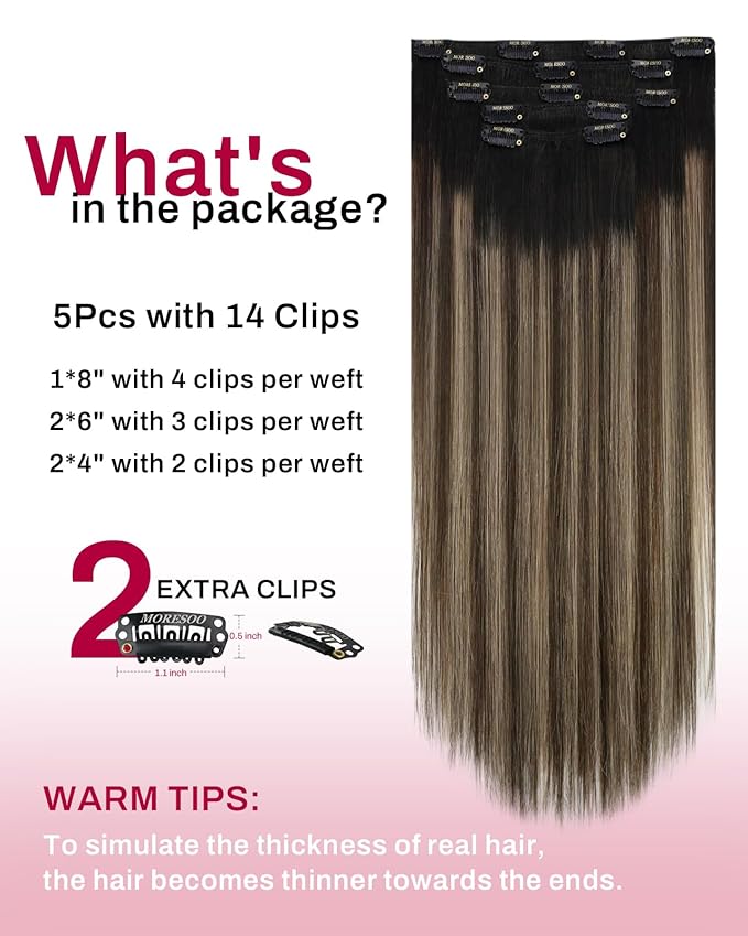 Moresoo Clip in Hair Extensions Real Human Hair Balayage Black to Brown with Dark Blonde Remy Straight Invisible Double Weft Ombre Human Hair Clip in Extensions 5pcs 80g 18inch