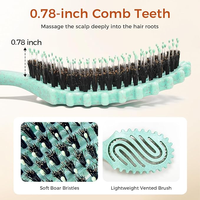 Curly Hair Brush, Curl Defining Brush with Soft Boar Bristles for Combing, Shaping, and Styling Curly Hair Suitable for All Women and Men with Wet & Dry Hair(Green)