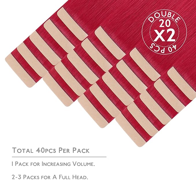 WENNALIFE Tape in Hair Extensions, 40pcs 100g 22 Inch Red Human Hair, Straight Invisible Reusable Real Extensions
