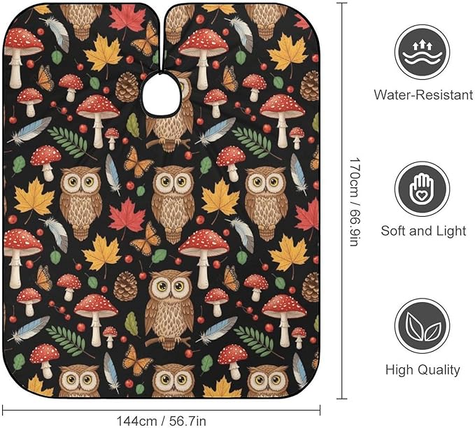 Men Women Adults Floral Owls Fall Leaves Mushroom Hair Dressing Gown Cape, Extra Large Hairdressing Apron for Barber Salon, Easy Clean