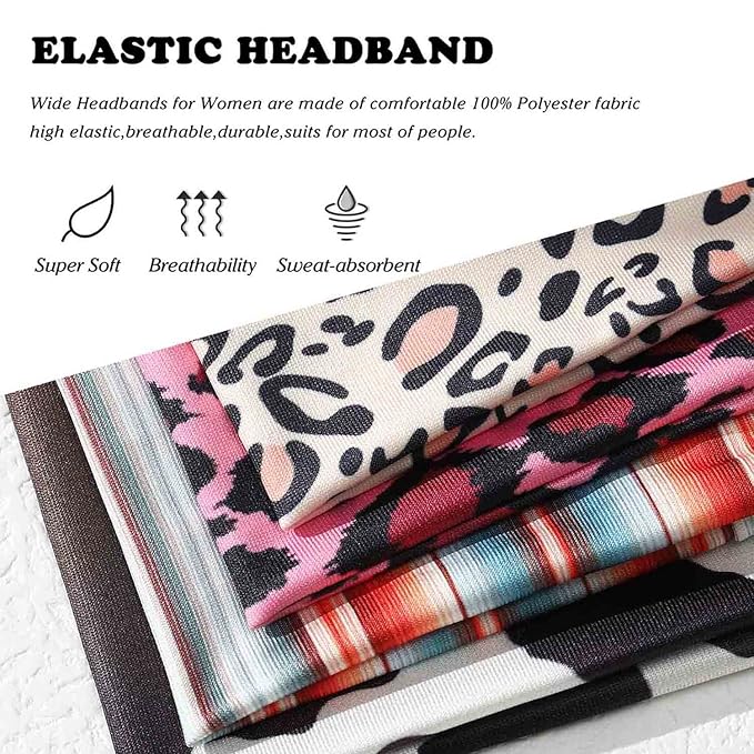 Olbye Boho Wide Turban Elastic Nonslip Headbands for Women Girls - Workout, Yoga, Running, Sweatband, African Bohemian Hair Wraps & Fashion Accessories (H- Leopard)