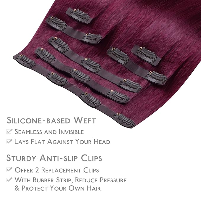 WENNALIFE Seamless Clip In Hair Extensions Human Hair, 12 Inch 80g 7pcs Light Burgundy Real Hair Extensions Clip in Human Hair Invisible PU Skin Weft Natural Remy Hair